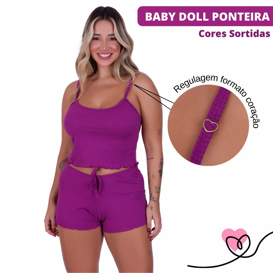 Baby Doll Canelado Feminino Ponteira Coração Adulto Feminino Leve Fresco Verão Confortável Promoção