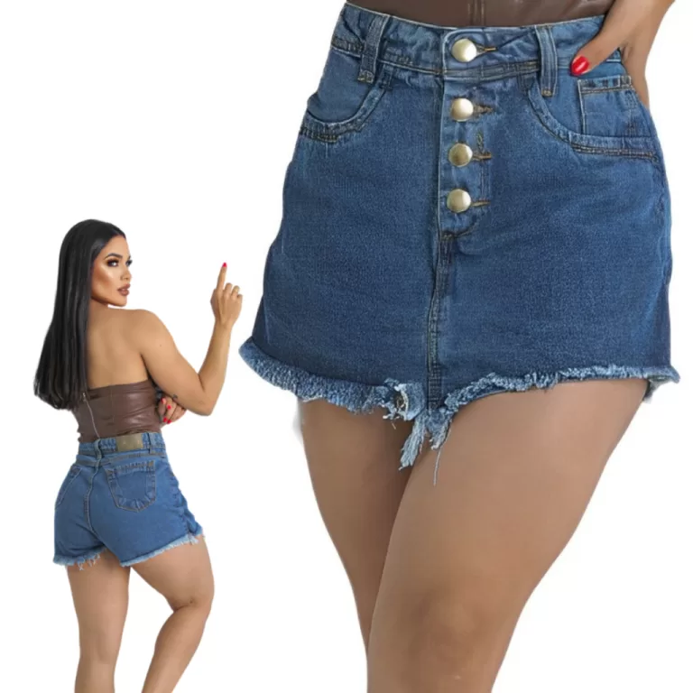 short saia Jeans feminno 100% algodão desfiada mo