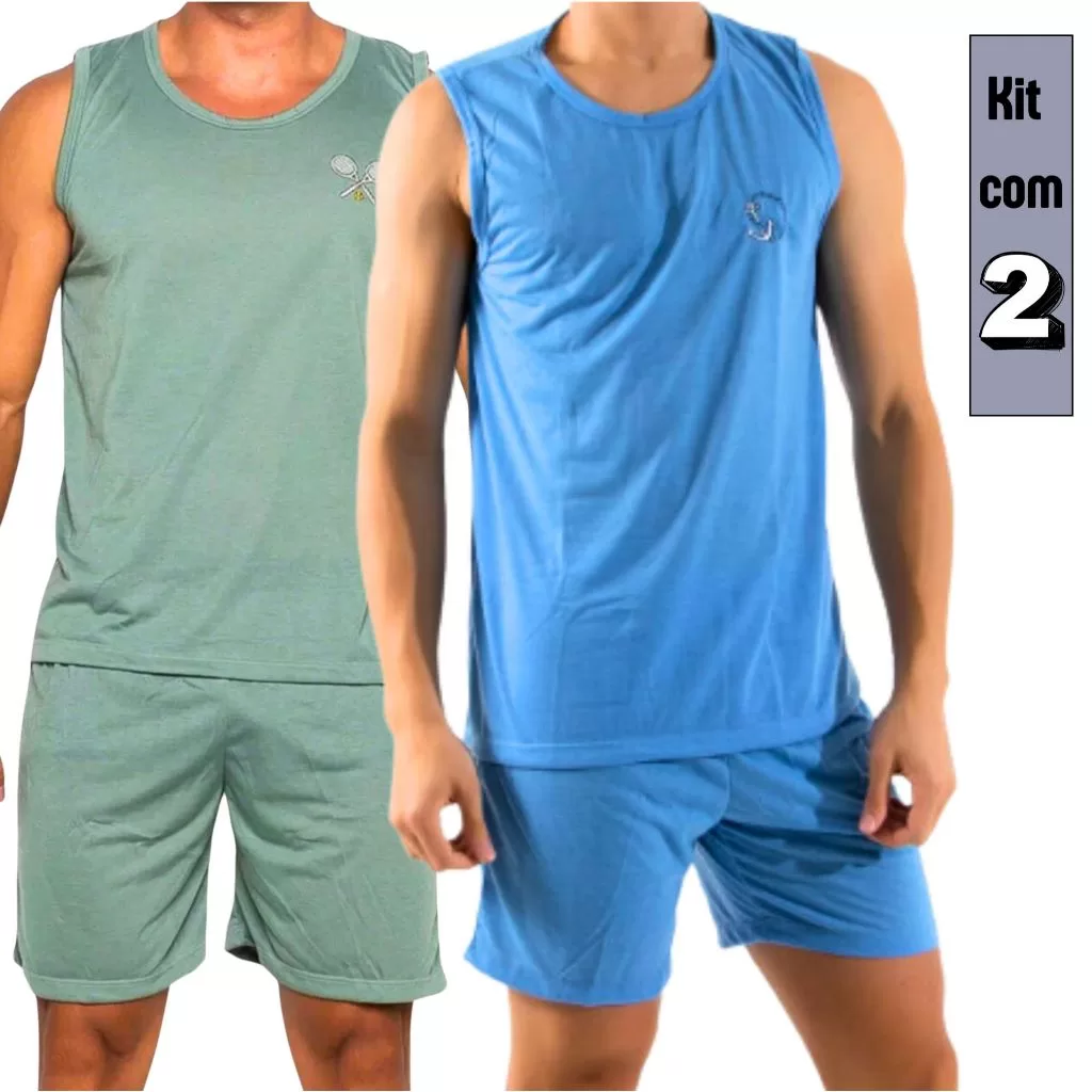 Kit com 2 Pijamas Masculino Regata Verão Adulto em Malha de Qualidade CORES SORTIDAS