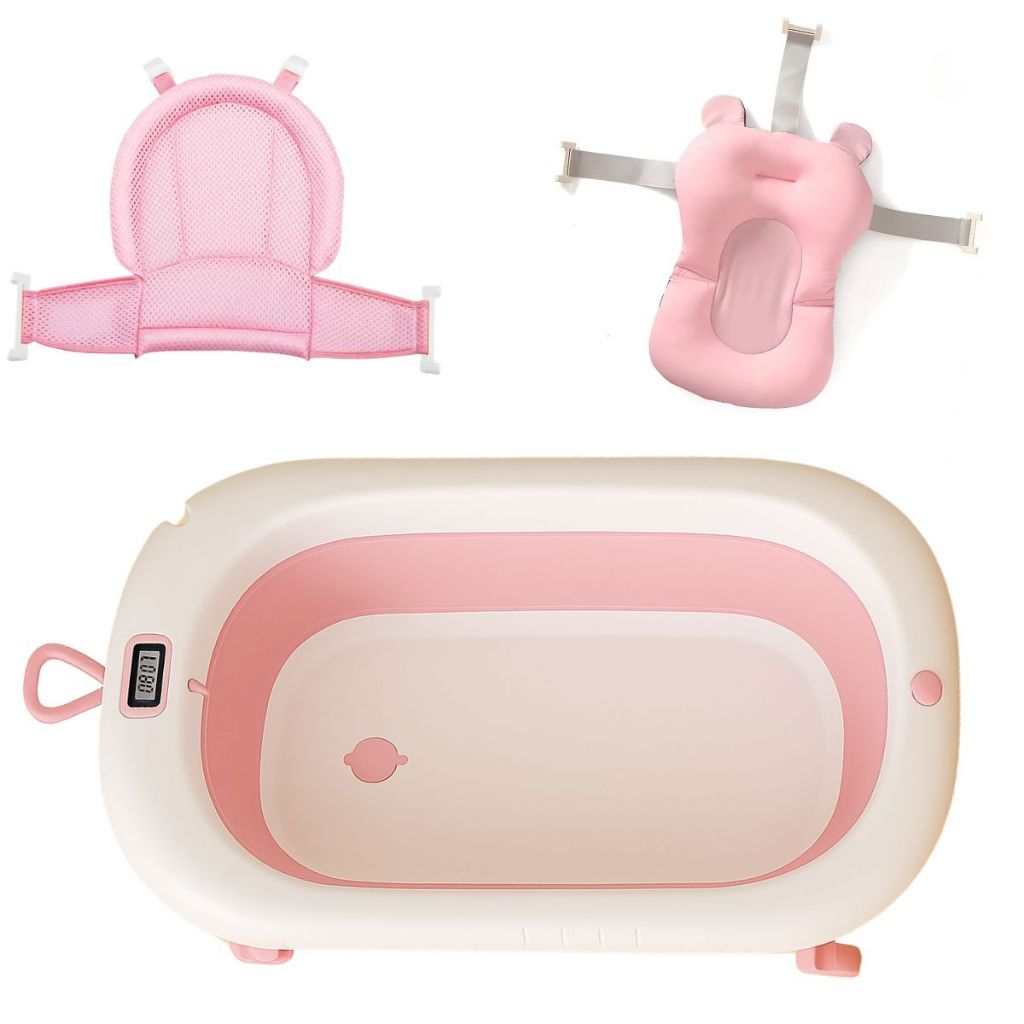 Kit Banheira Dobrável Almofada Rede Com Termômetro Banho Bebê Recém Nascido