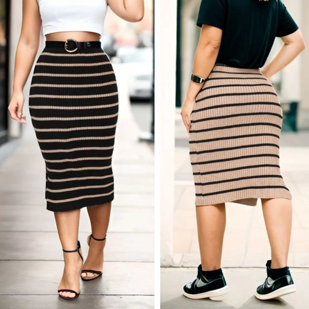 Saia Midi Tricot Modal Listrada Feminina Confortável Elegante Essencial Tendência