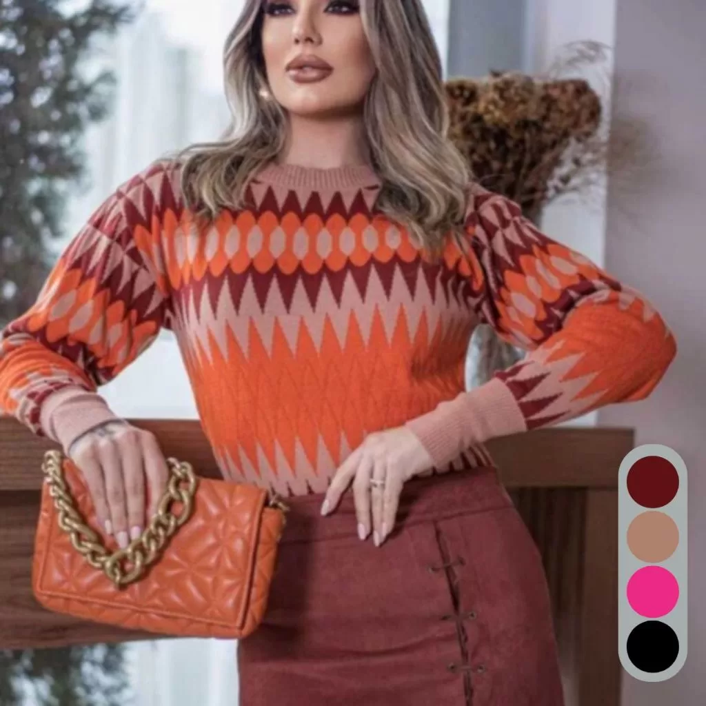 Blusa Feminina Tricot Manga Longa ZigZag Inverno Casual Básica