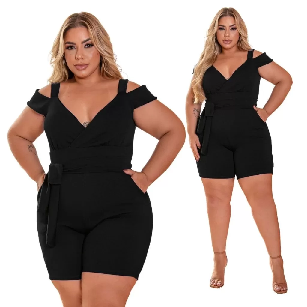 Macaquinho Feminino Plus Size Curto Decote V com Bolsos Transpassado com Cinto Elegante GG ao G4