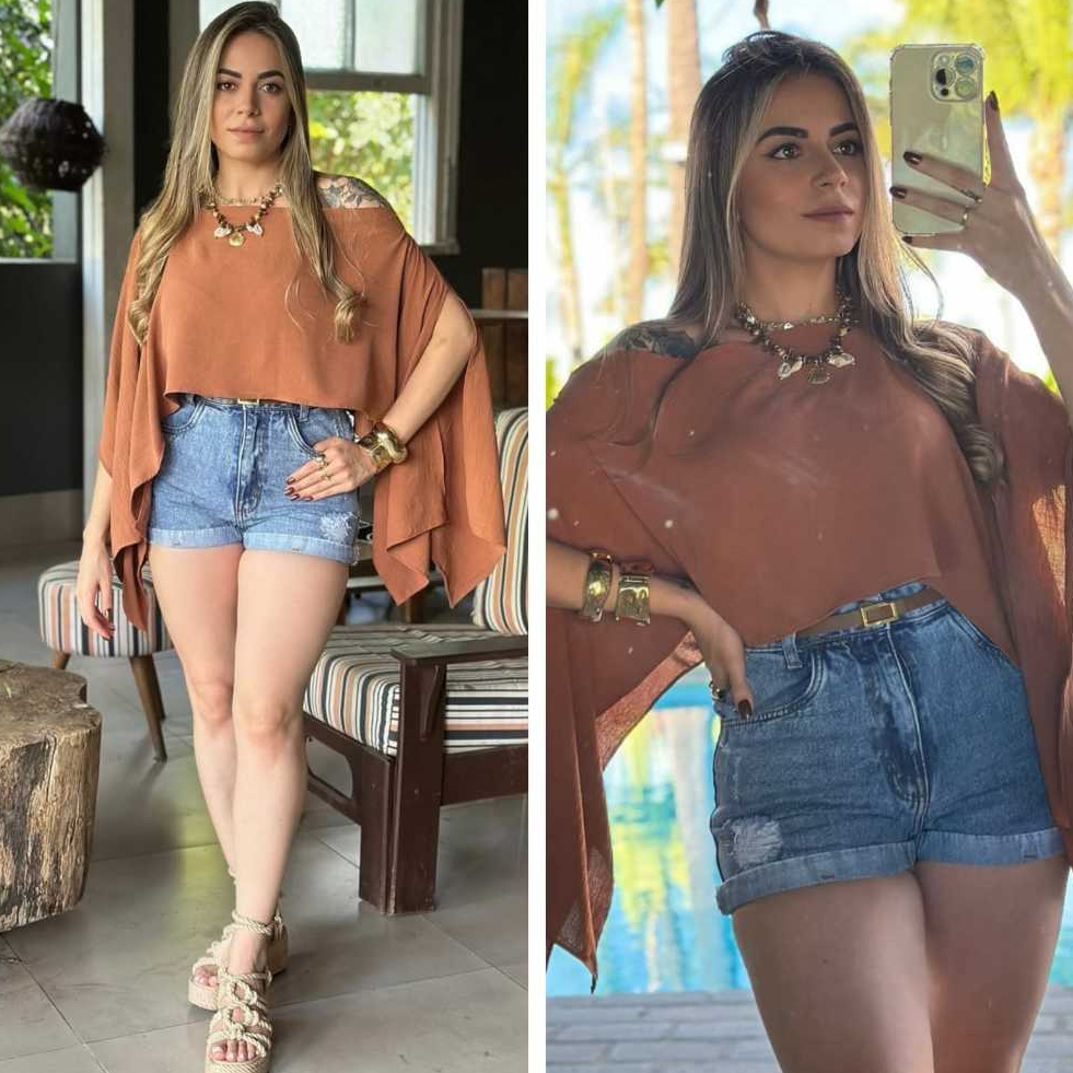 Blusa Capa Feminina Blusa Bata Cropped Tendencia Blusinha Manga Morcego Boho Casual