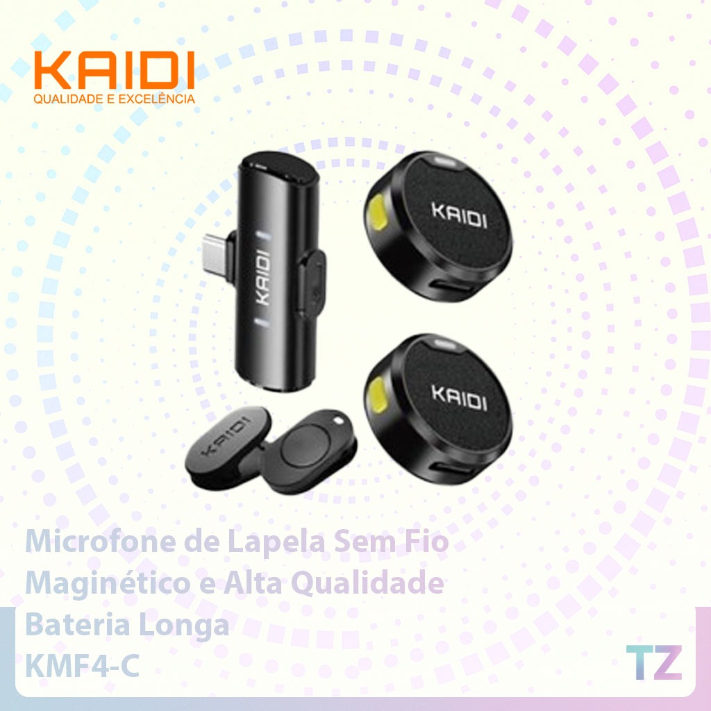 Microfone de Lapela Sem Fio KAIDI KMF4-C  Tipo-C, Maginético e Alta Qualidade de Som Bateria Longa,