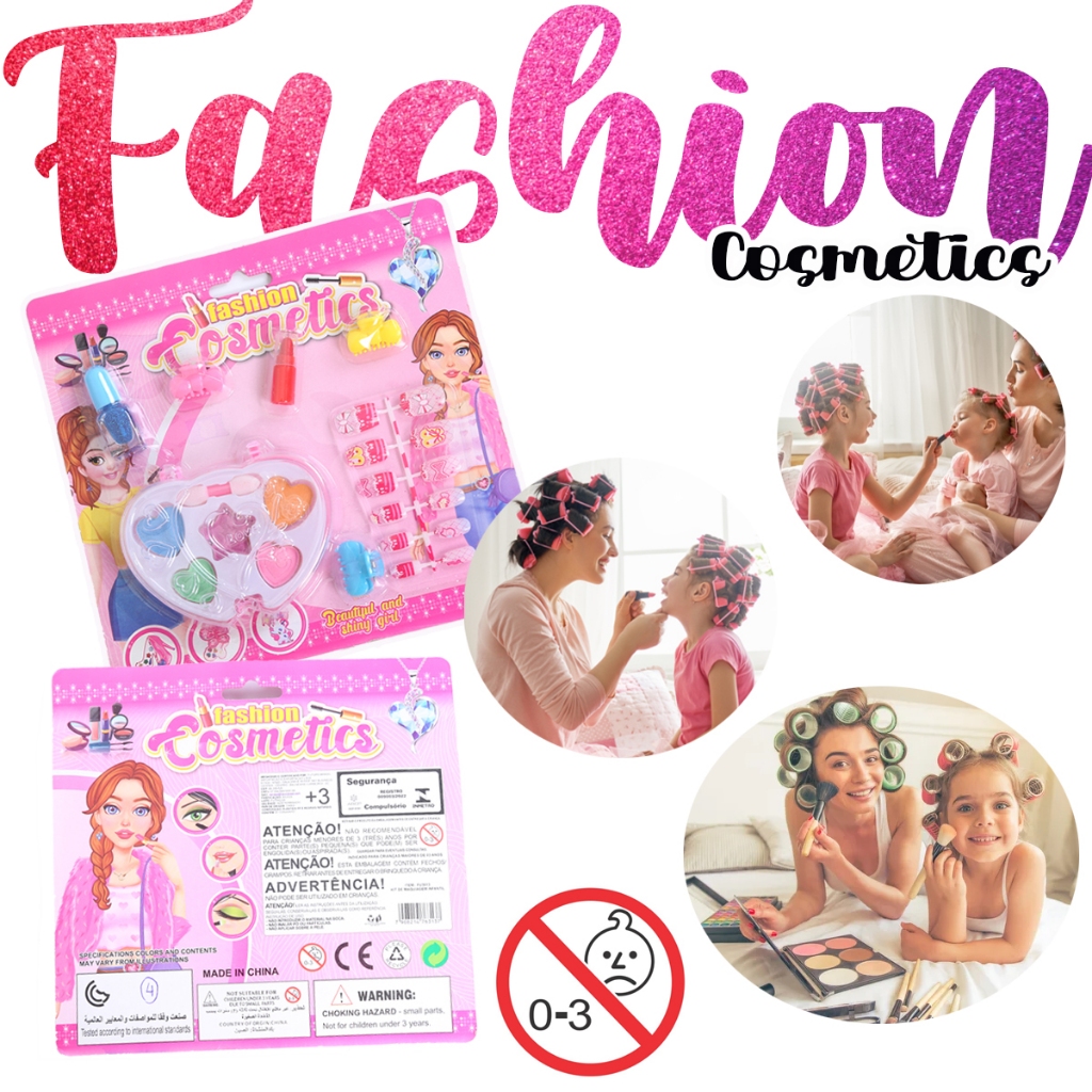 Kit de maquiagem infantil com sombras batom glitter em gel presilhas e unhas postiças para meninas