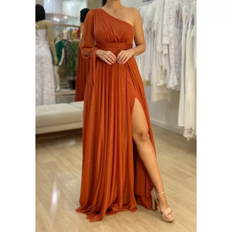 vestido de festa longo madrinha formatura casamento convidada debutante elegante terracota