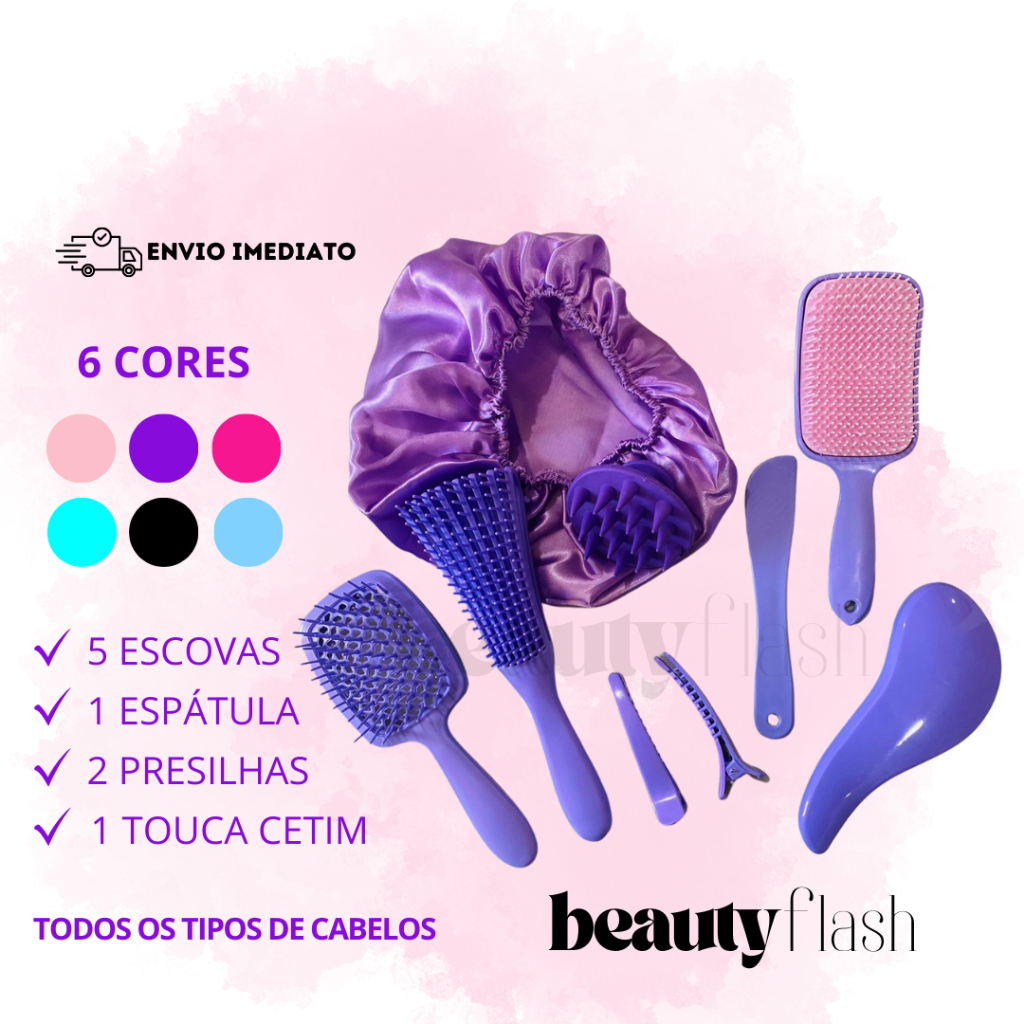 Kit 05 Escova Raquete Flex Escova Mágica e Polvo Massageador de Silicone Touca de Cetim Beauty Flash