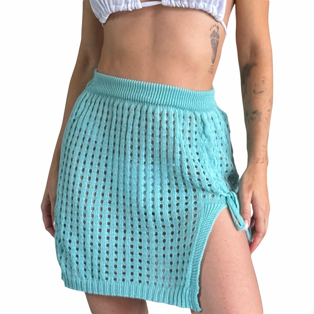 Saia De Praia Feminino Tricot Com Cordão Lateral Fenda Verão