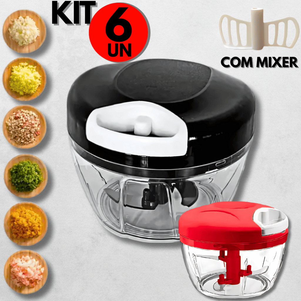 Kit 6 Processadores de Alimentos Cebola e Legumes Manual 3 Lâminas em Aço Inox e Mixer P/ Restaurant