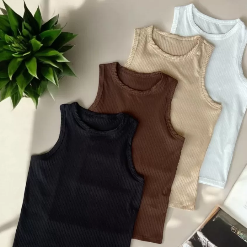 Kit com 4 Regata Canelada Feminina Blusinha Básica Ribana Algodão com elastano Premium