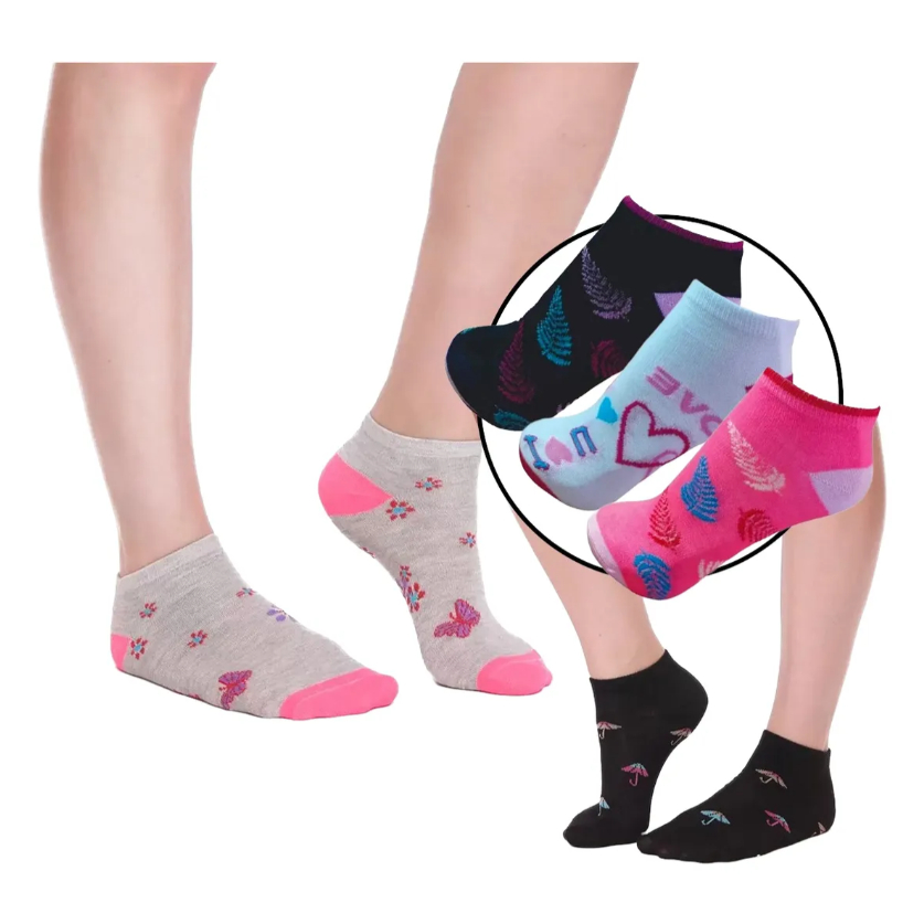 Kit Meia 12 Pares Meias Femininas Cano Curto Algodão Estampadas Macias e Confortáveis Promoção Inver