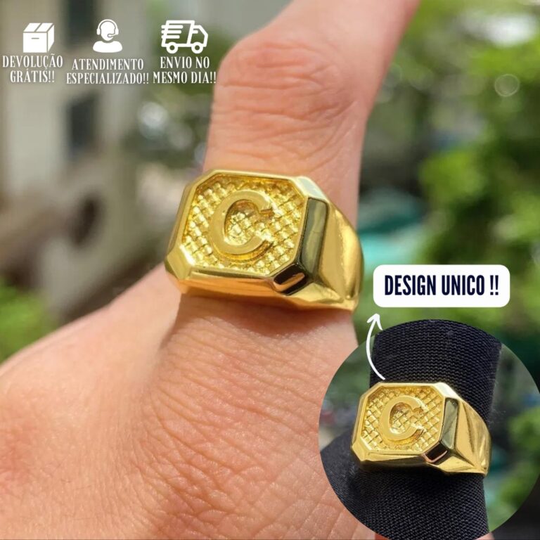 Anel De Ouro Letra C Dedeira Masculina 7g Banhada 