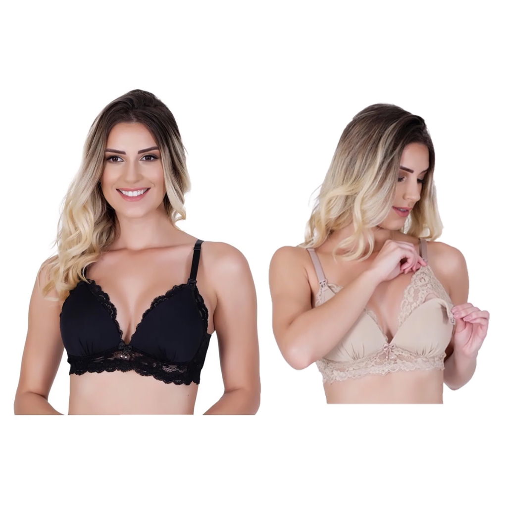 Kit 2 Sutiã Amamentação com Bojo Soft de Algodão e Renda Gestante Pós Parto