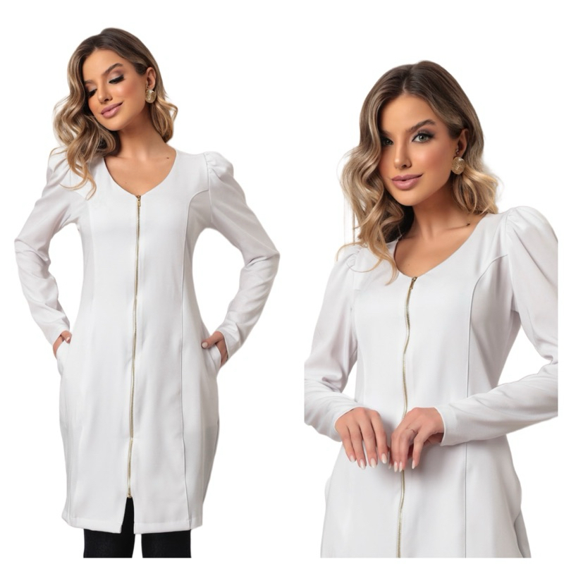 Jaleco Feminino Decote V com ziper manga bufante elastano Gabardine Branco Sweet Gardenia Jalecos
