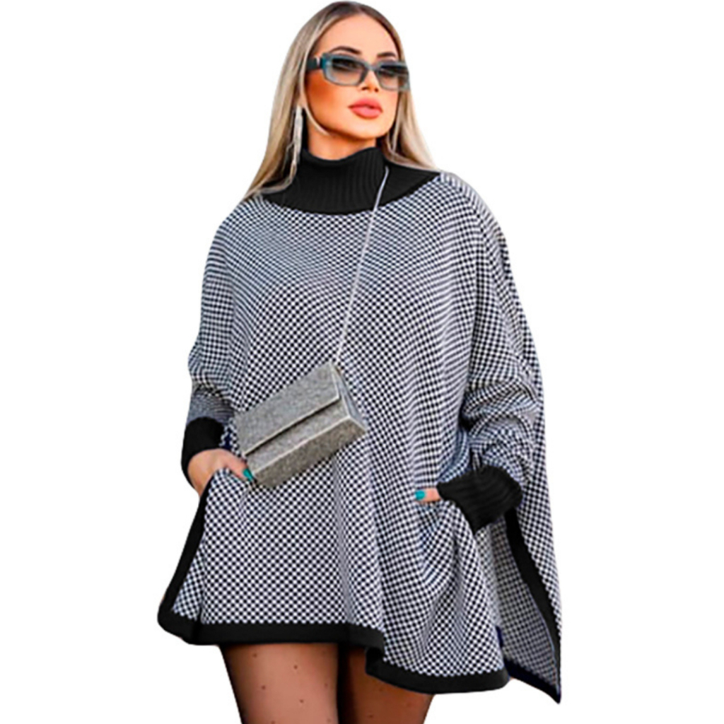 Poncho Feminino Tricô Xadrez Inverno Manga Longa com Fenda Lateral 36 ao 44 Faby Tricot