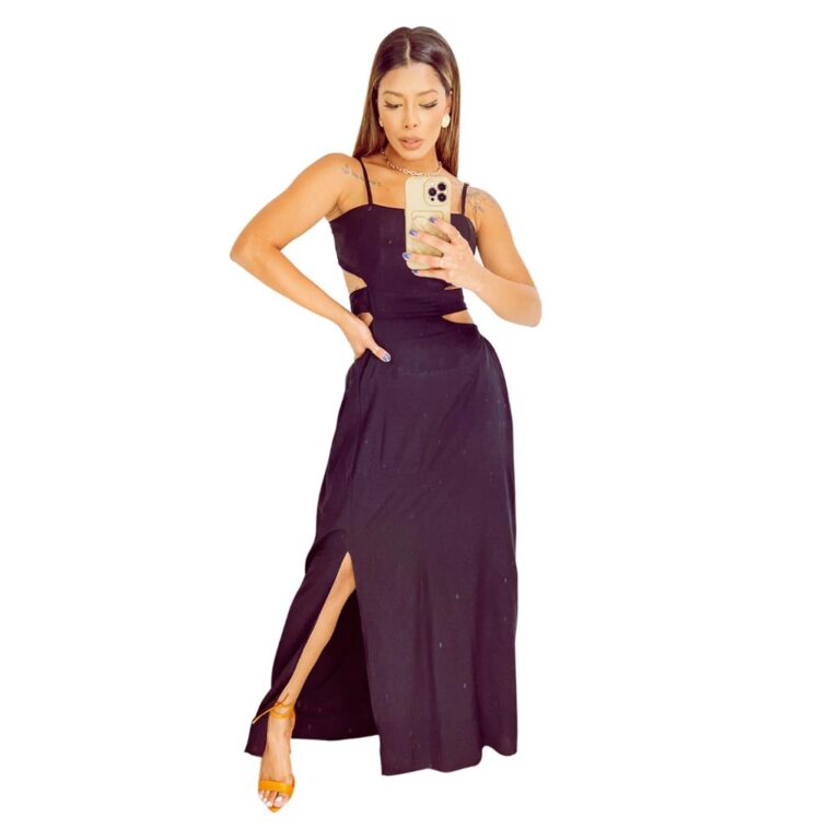 Vestido Longo Alcinha Reto Detalhe Lateral Com Fen