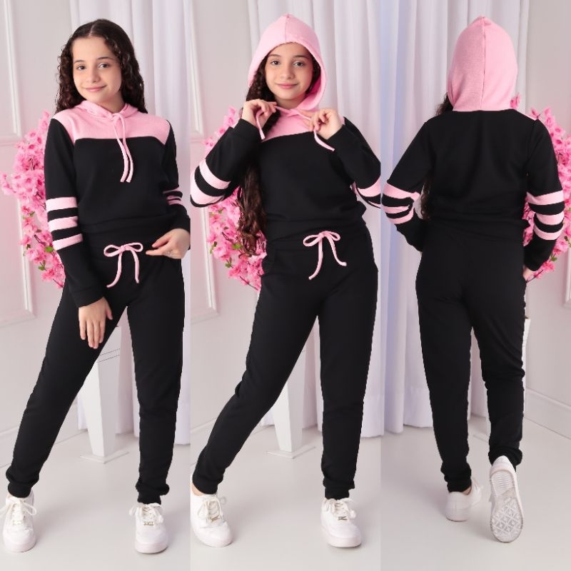Conjunto Moletom  infanto-juvenil bicolor com capuz Tendência Outono e inverno