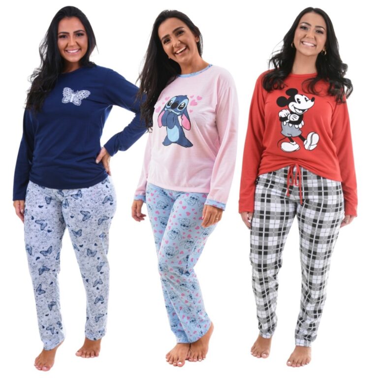 KIT 3 Pijama Longo Inverno Personagens Estampado M