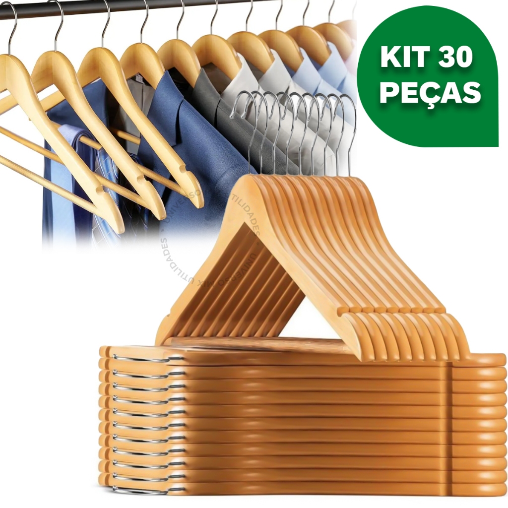 Kit Cabides De Madeira Premium Marfim Para Roupas Calça Gancho Cromado