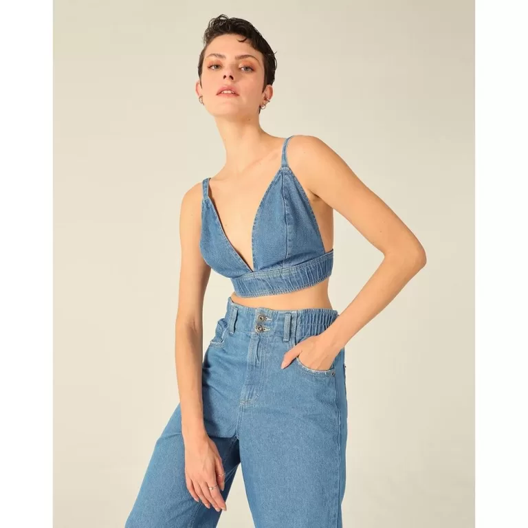 Top Cropped Feminino 1 Copo D Água Em Jeans 100% 