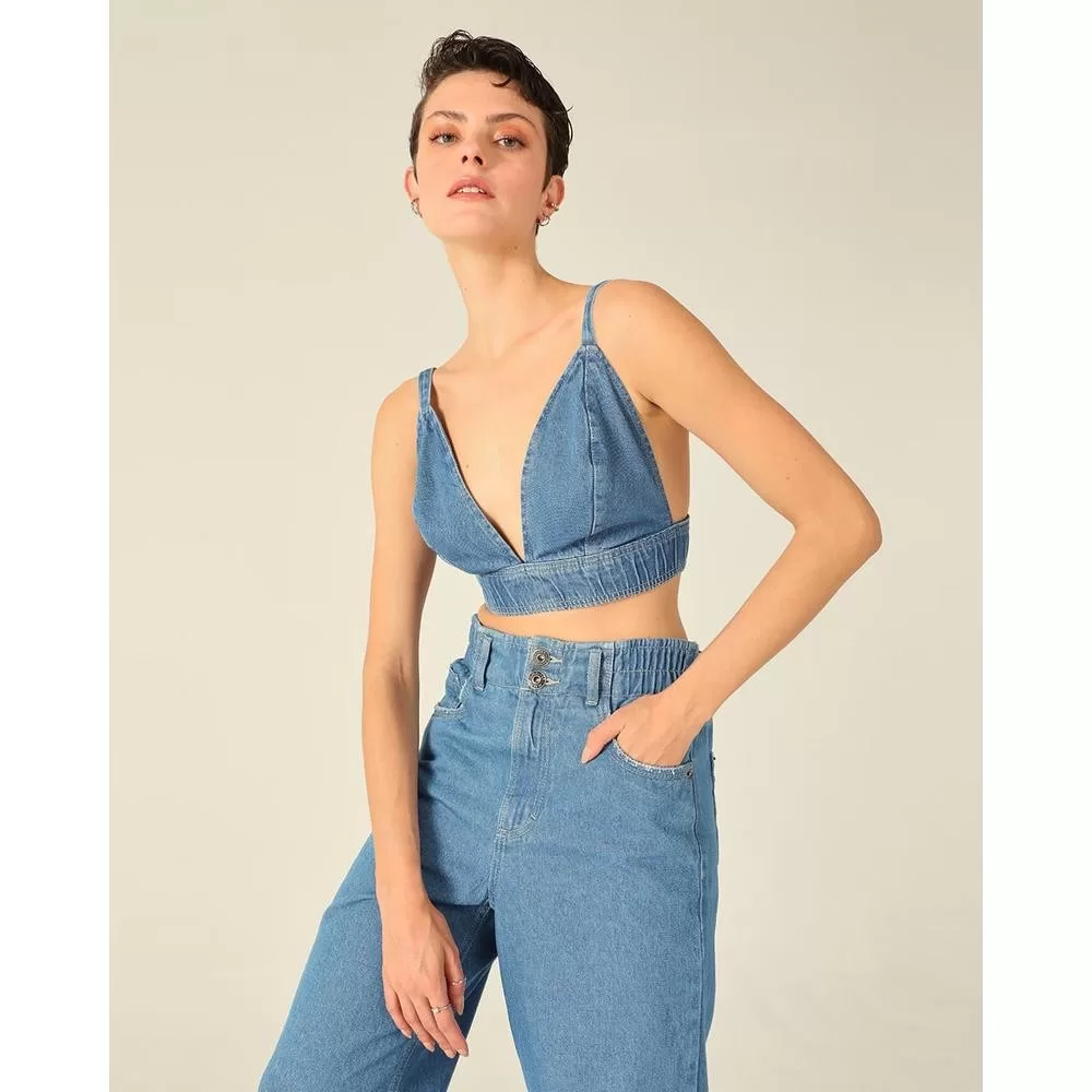 Top Cropped Feminino 1 Copo D Água Em Jeans 100% Algodão