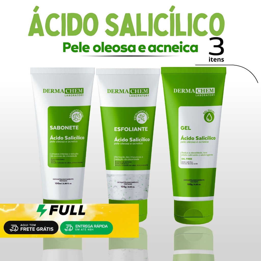 Kit de Limpeza Para Pele Oleosa Sabonete + Gel + Esfoliante – 3 Dermachem