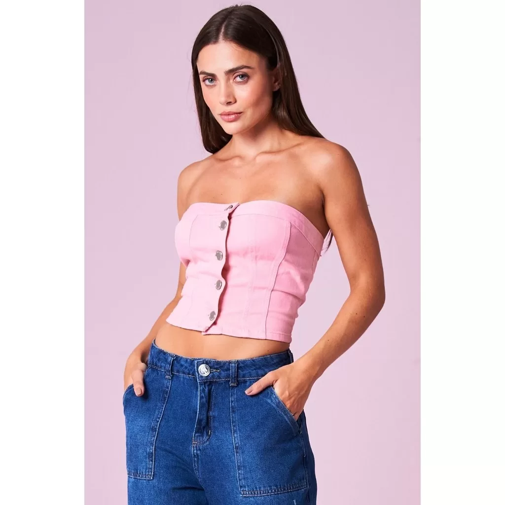 Cropped Feminino em Sarja Sem Mangas Planet Girls Rosa