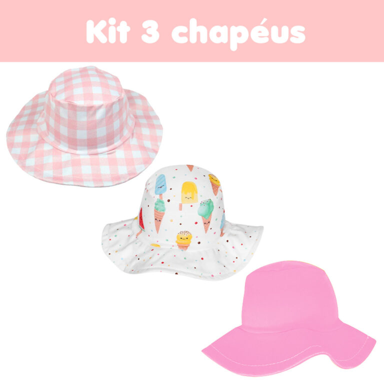 Kit 3 Chapéu Bebê Praia Estampas Proteção Sola