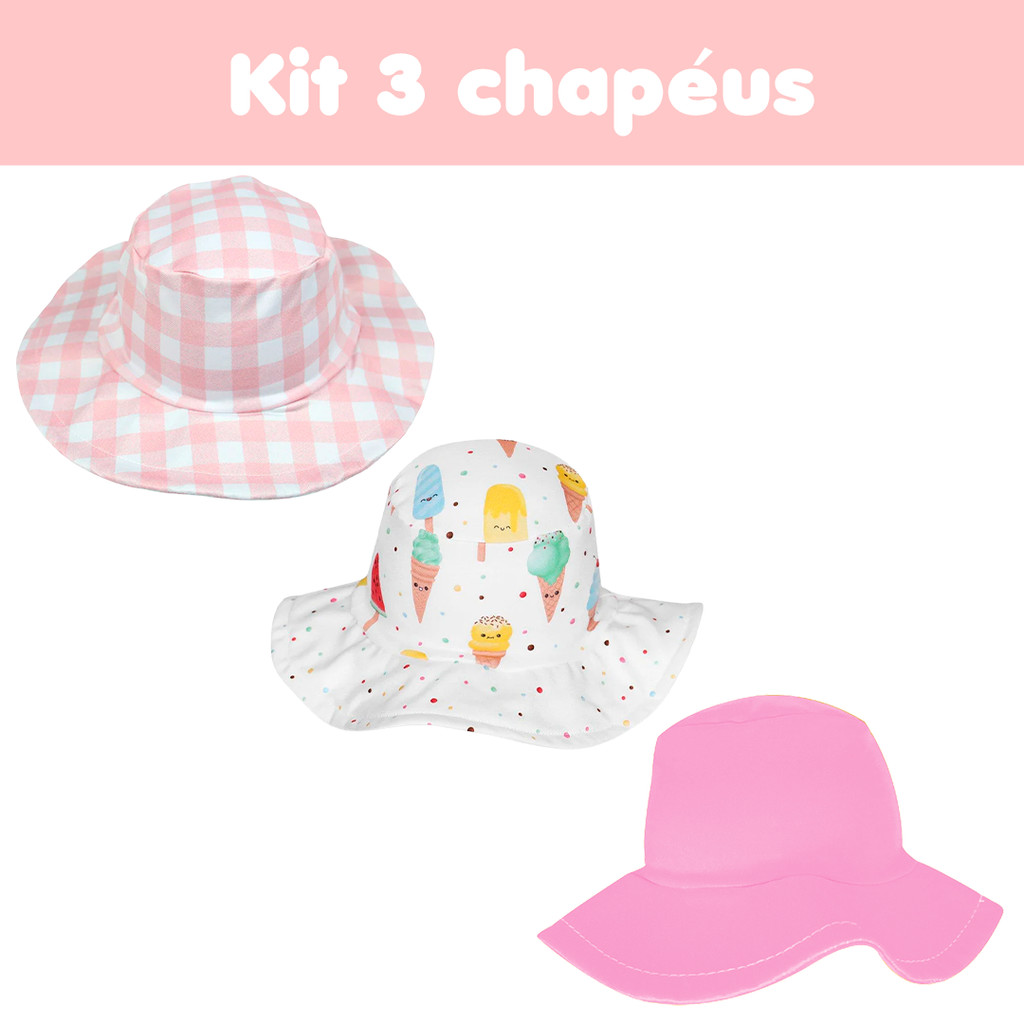 Kit 3 Chapéu Bebê Praia Estampas Proteção Solar 50+ Mini Boo
