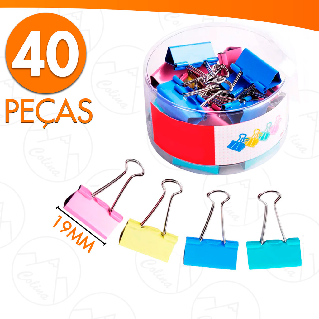 Kit 40 Clipes Grampos Prendedores De Papel Binder 19MM Coloridos