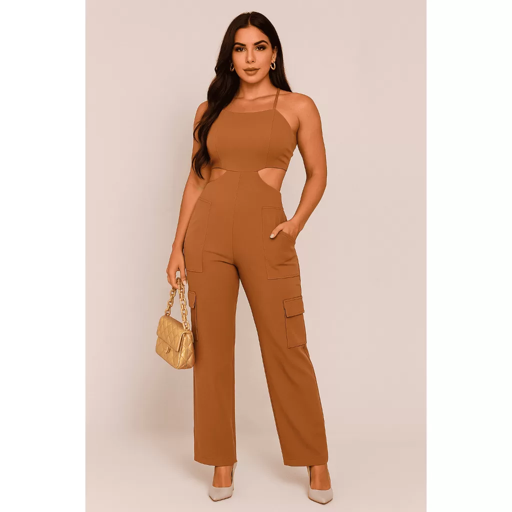 Macacão Alfaiataria Feminino Aberto Elegante Bolsos Cargo e Bojo Acabamento Minimalista