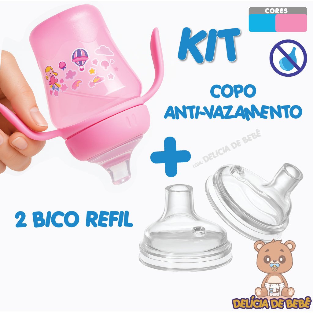 Copo + 2 Bico Refil (Copo infantil anti-vazamento para bebê + 2 Bicos de reposição)