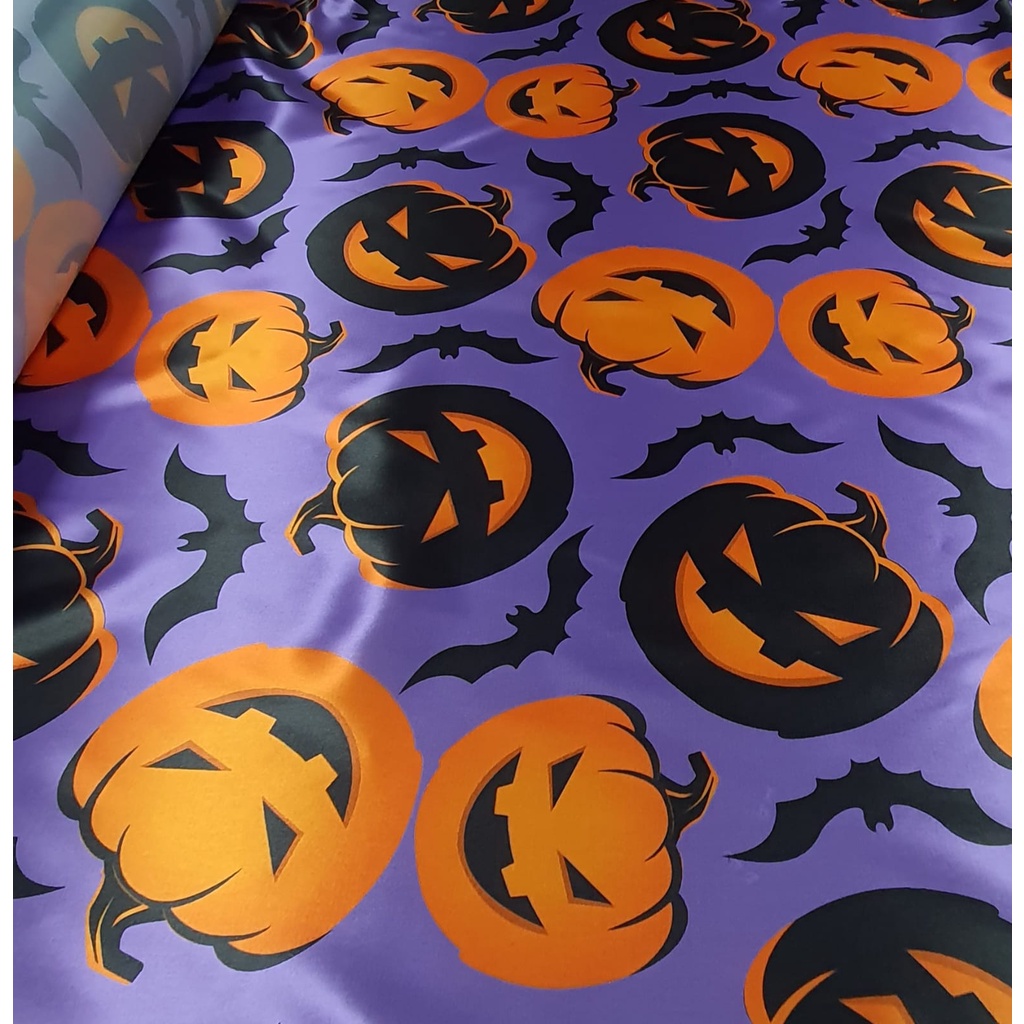Tecido Cetim Estampado Digital Halloween Abóboras Fundo Roxo
