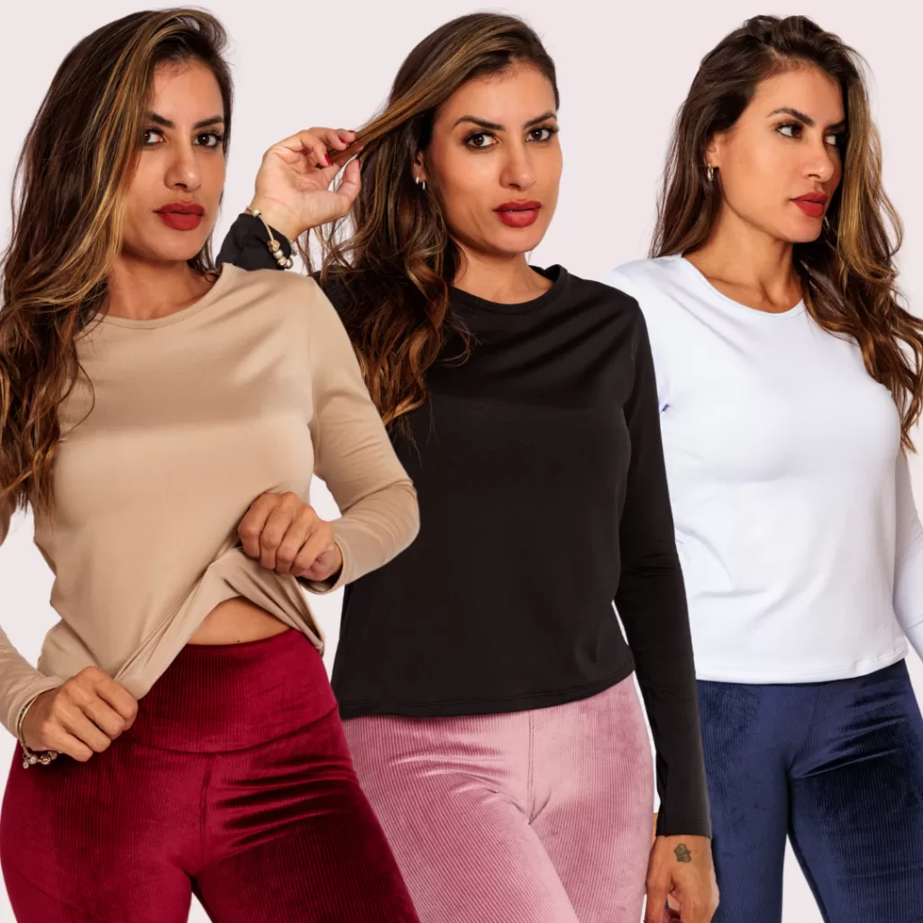 Kit 3 Blusa Térmica Peluciada Segunda Pele Feminina Manga Longa Flanelada Inverno