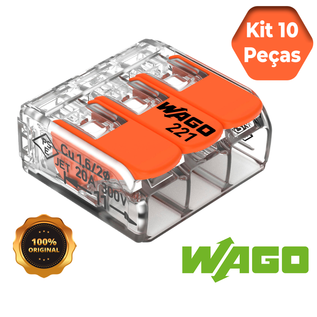 Conector de Fio Elétrico Wago 221-413 Conector Wago Emenda 4mm² 32A conexão automática Kit 10 peças