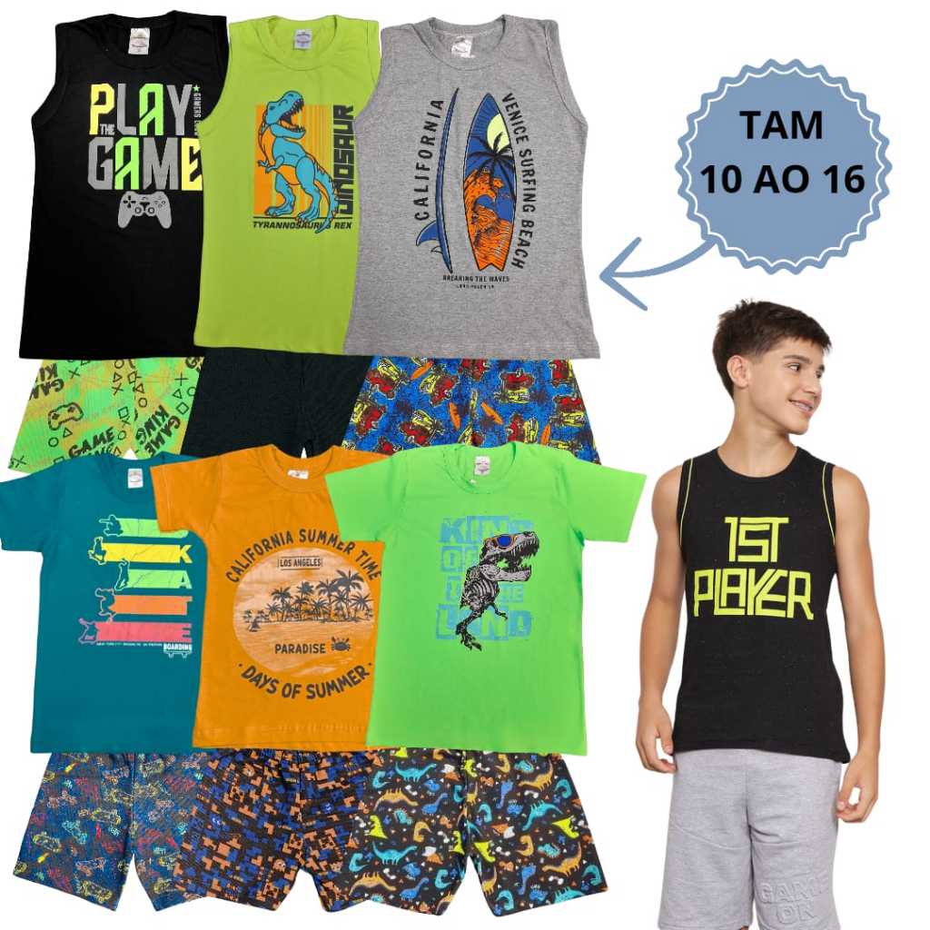 Kit 6 Peças de Roupa Juvenil Menino com 3 Camiseta e Regata e 3 Bermuda de Moletinho do 10 ao 16