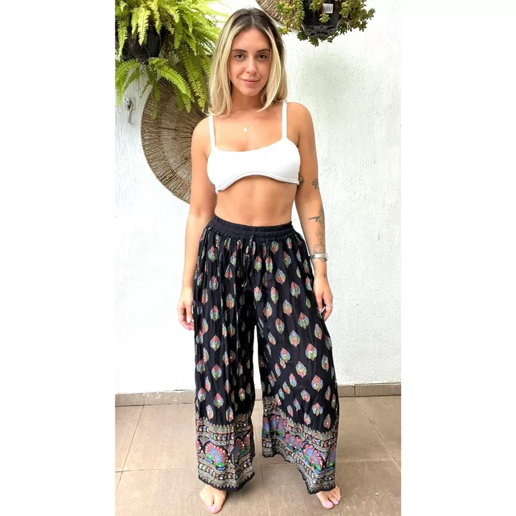 Calça Indiana Longa Pantalona Estampado Bordada Lantejoula