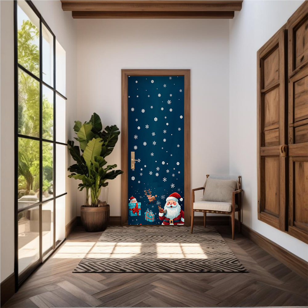 Capa De Porta Em Tecido Sublimado 2,0×0,8m C/ Elástico Decoração Tema Papai Noel Flocos de Neve Nata