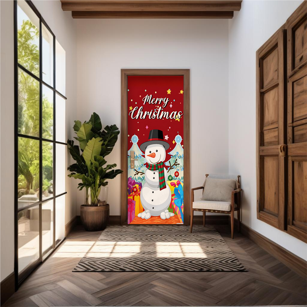 Capa De Porta Em Tecido Sublimado 2,0×0,8m C/ Elástico Decoração Tema Natal Boneco de Neve Veste Fác