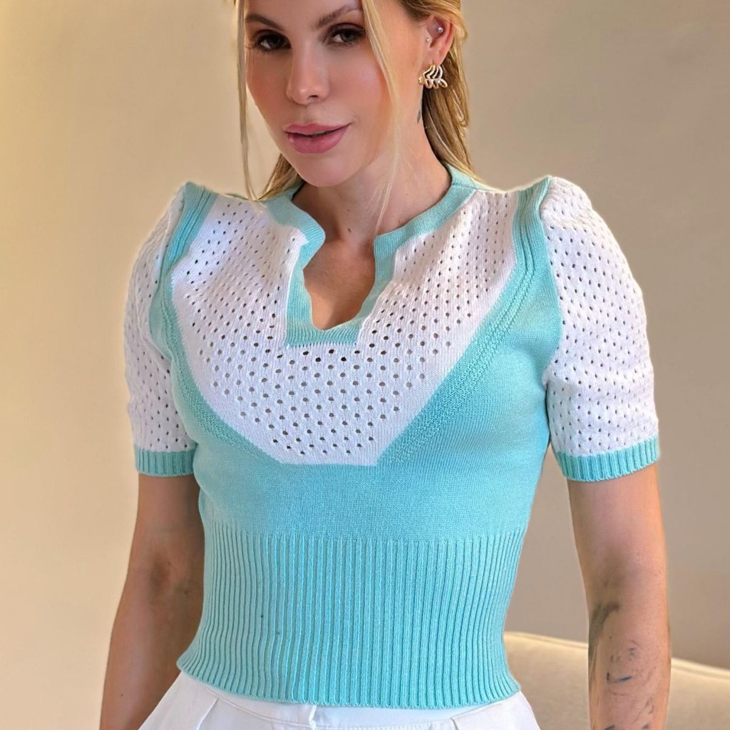 Blusa Manga Curta Rendada Modal Feminina Canelada Tricot