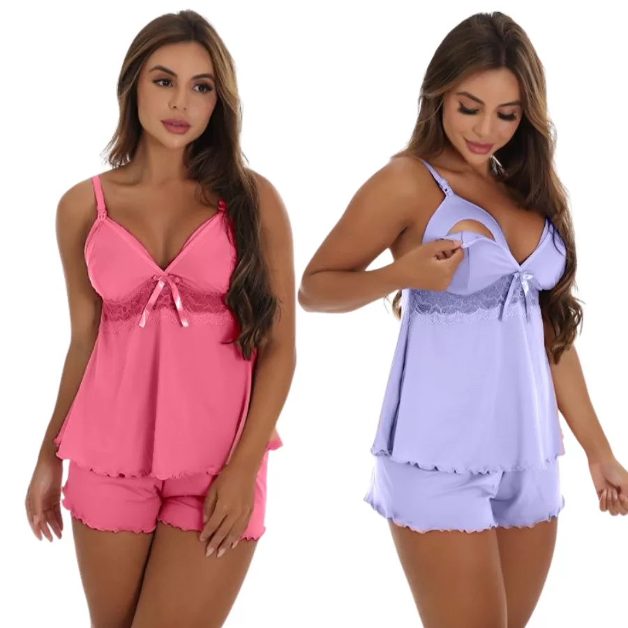Kit 2 Baby Doll Amamentação Abre Fácil Gestante Saída Maternidade Pós Parto Pijama Para Amamentar