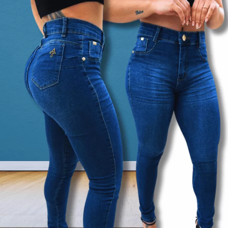 Calça Feminina Skinny Bigode AJ Azul Elastano Cin