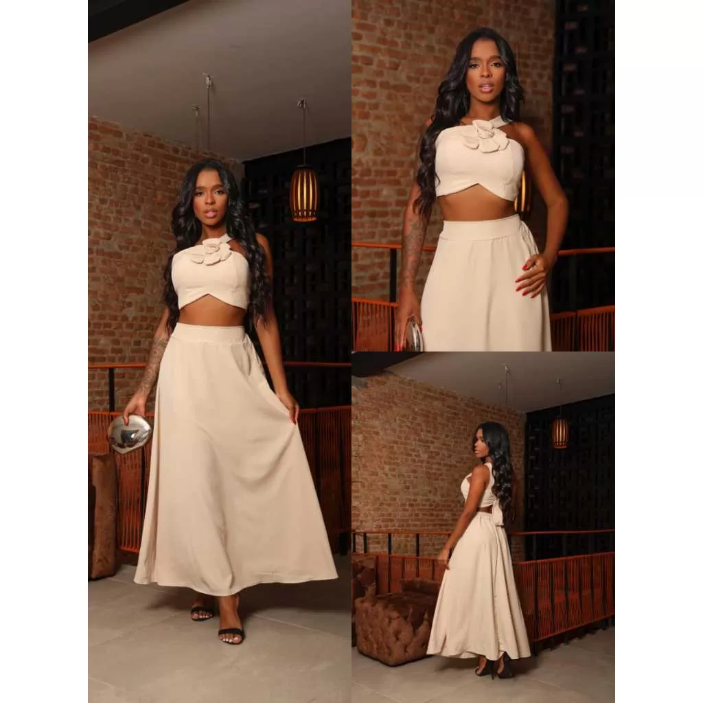 comjunto  saia e cropped com flor tecido crepinho elegante tendencia feminina