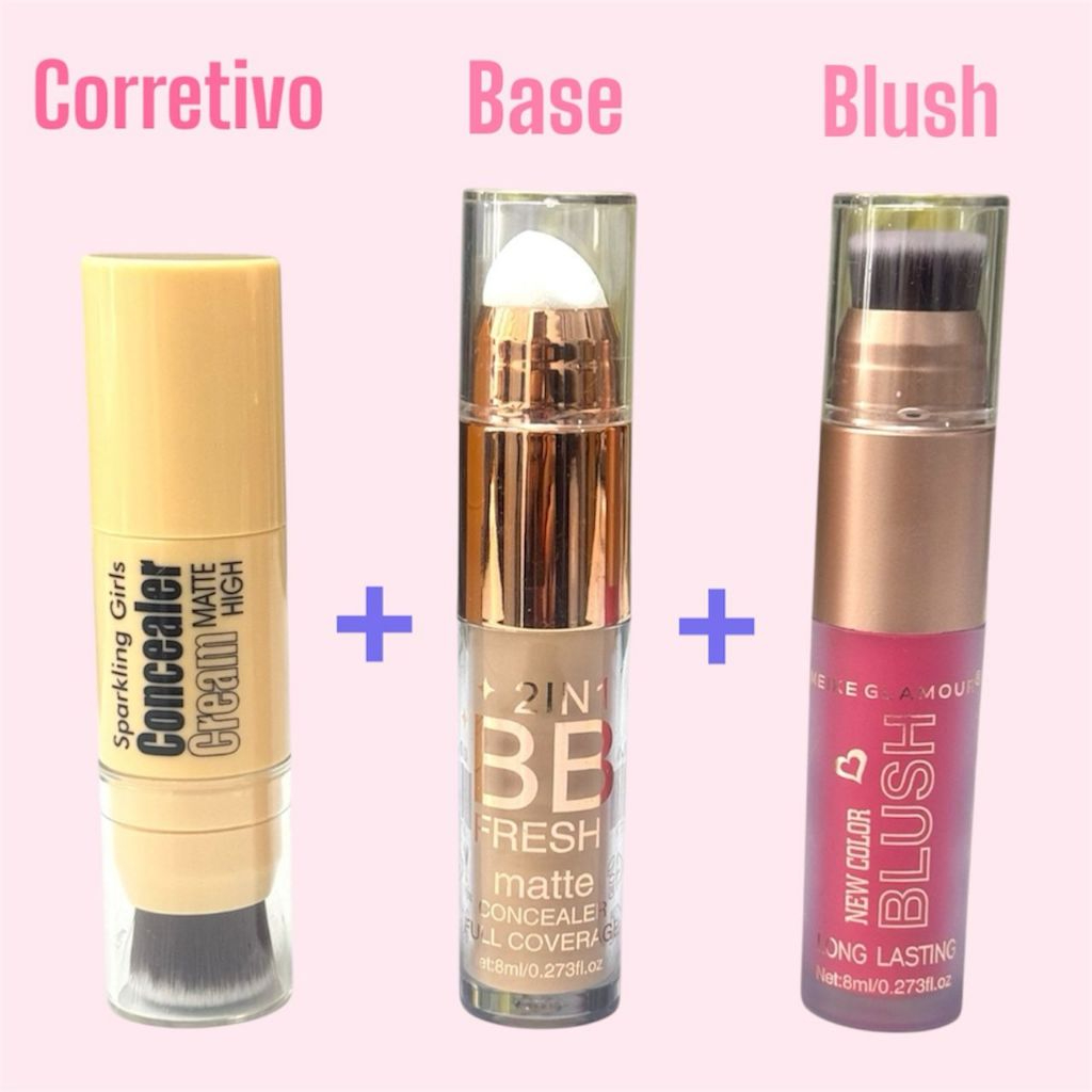 KIT 3 Peças Corretivo + Base + Blush (UM GLOSS DE BRINDE ) Combo Perfeito Para Ter No Seu Estojo de