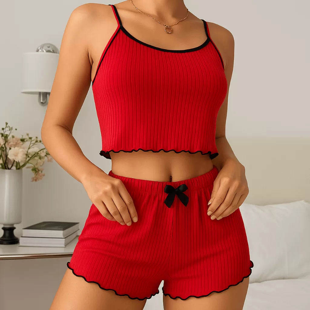 Pijama Baby Dool Feminino Sexy Liso Canelado Poliéster Verão Short Doll