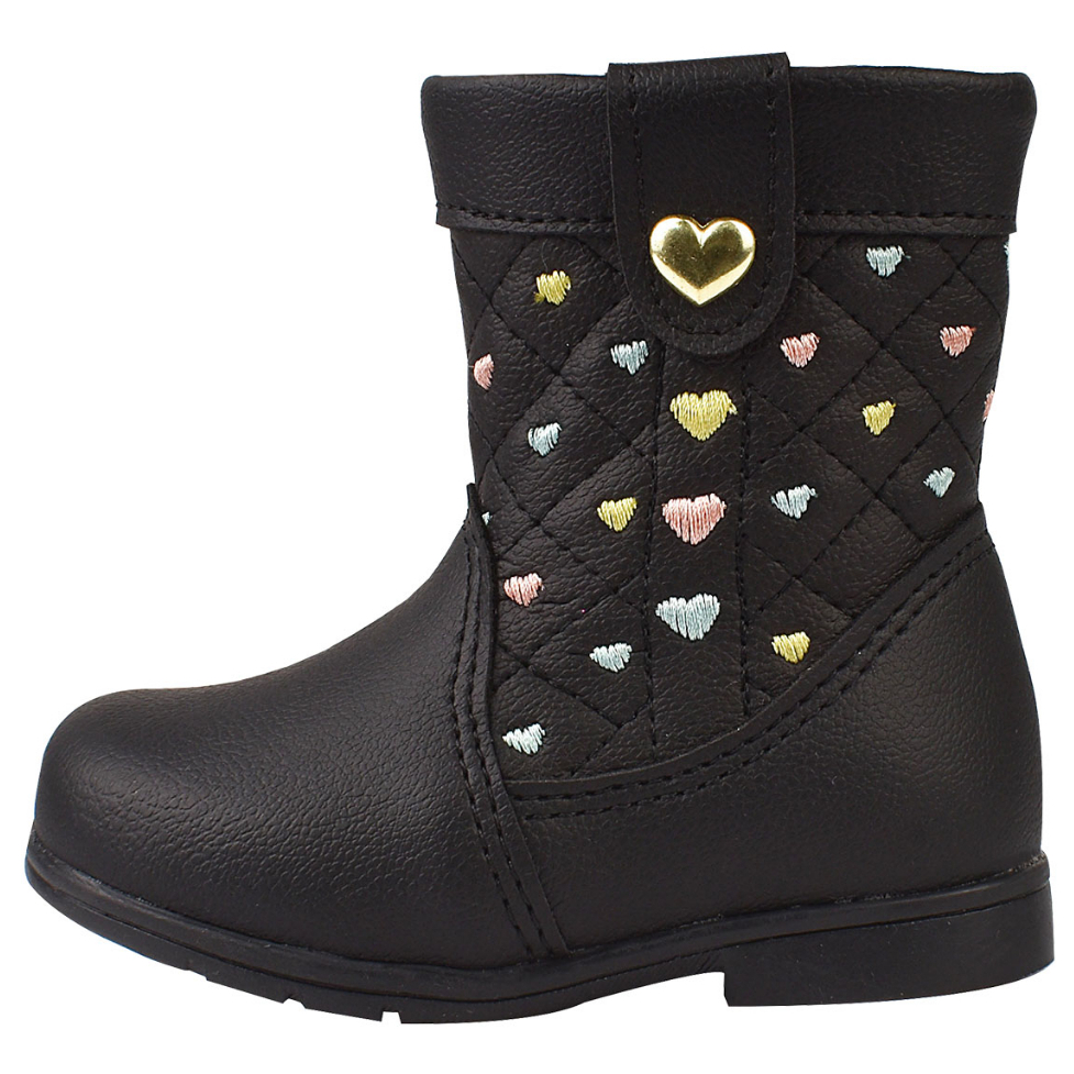 Bota baby bordados coração infantil preta e nude