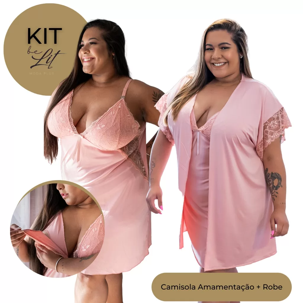 KIT 2 Peças – Robe e Camisola Plus Size Amamentação 50 52 54 56 58 com Renda Confortável Maternidade