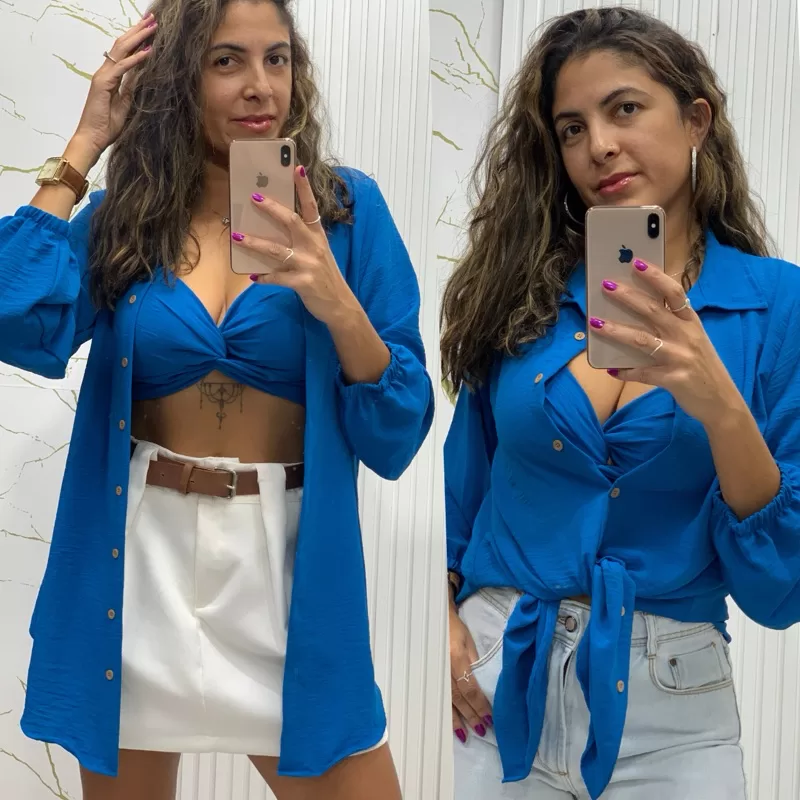 conjunto Cropped + kimono camisa longa tecido duna etiloso