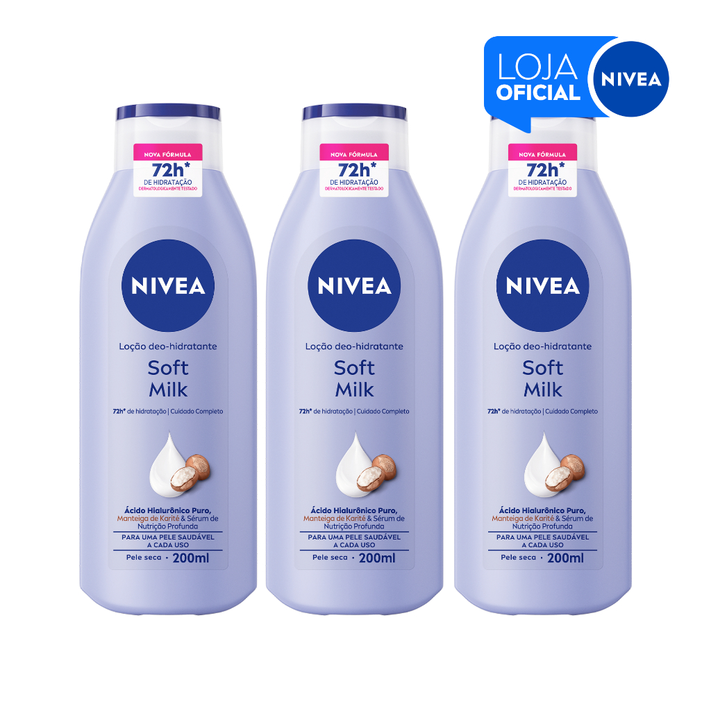 KIT NIVEA Loção Hidratante Soft Milk Hidratação Profunda 200ml – 3 Unidades